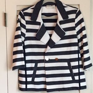 Chico's Zenergy Blue And White Striped‎ Jacket, Gold Button Detail, Size 8-10